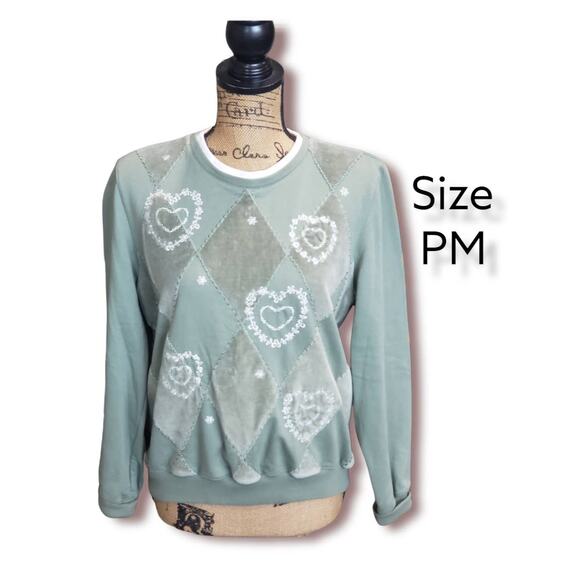 Alfred Dunner Pastel Green Heart & Diamond Design Long Sleeved Crew Neck Sweater - Picture 8 of 8